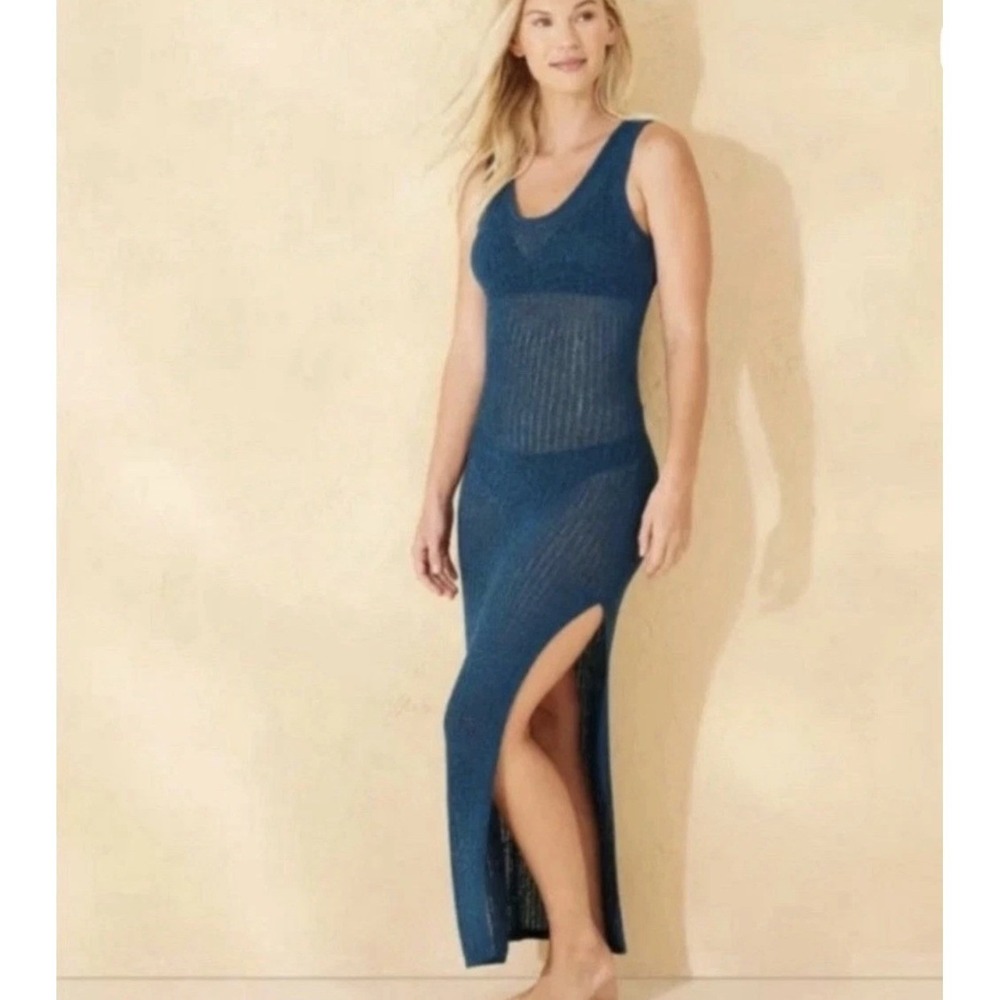 Shade & Shore Maxi Dress Cover Up Womens XS Teal Blue NWT Ribbed Side Slit